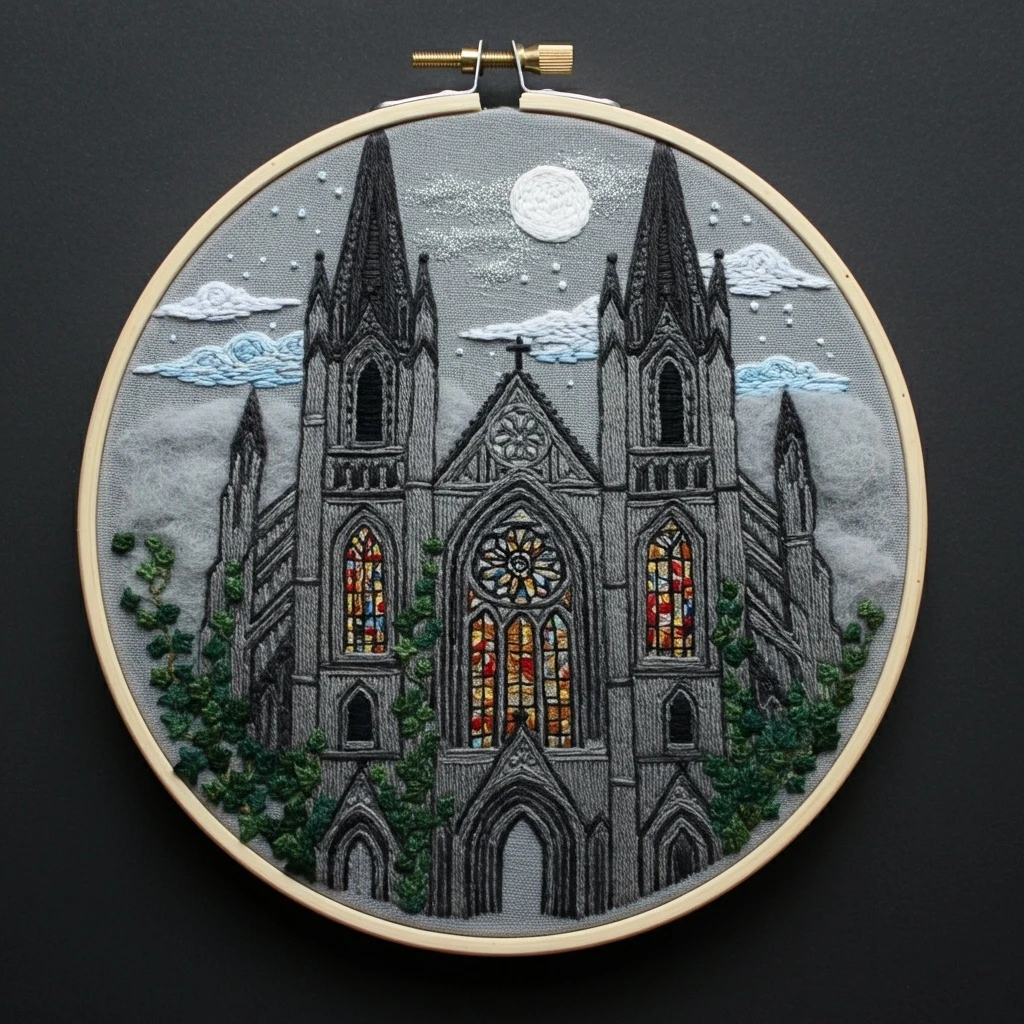 Gothic Cathedral at Night Embroidery