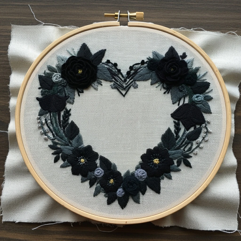 Gothic Floral Heart Wreath Embroidery Hoop Art