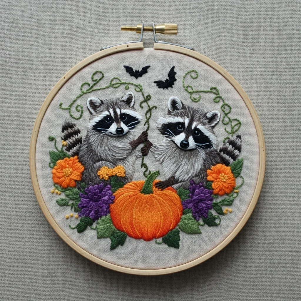 Halloween Raccoons and Pumpkin Wreath