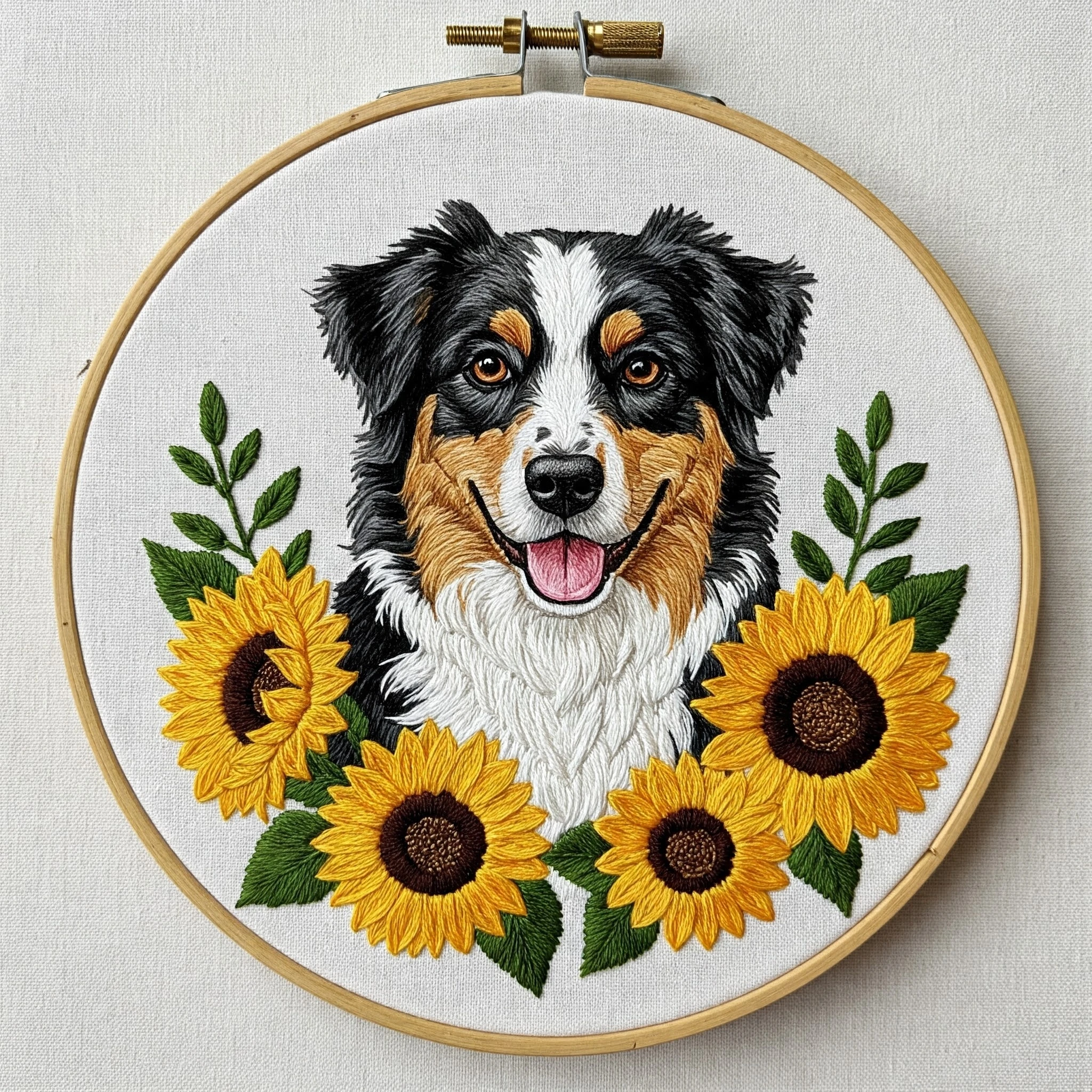 Hand Embroidered Australian Shepherd Portrait with Sunflowers