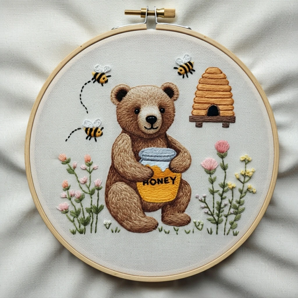 Hand Embroidered Bear with Honey Pot and Beehive