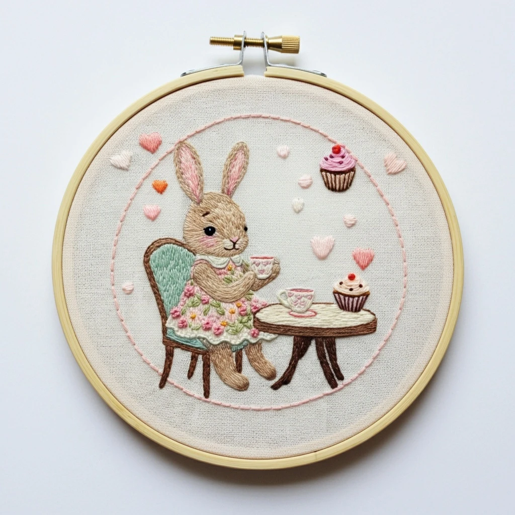 Hand Embroidered Bunny Tea Party with Cupcakes