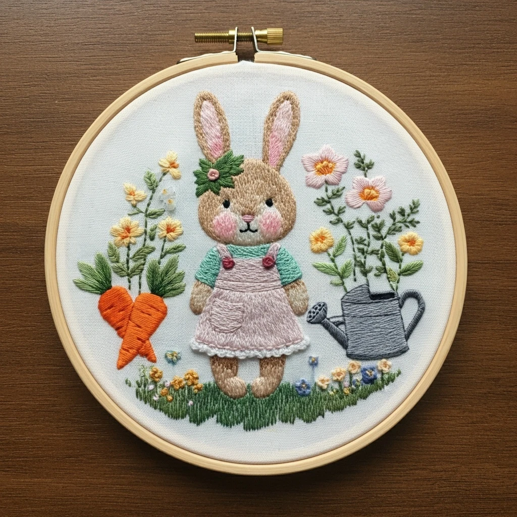 Hand Embroidered Bunny in a Garden Hoop