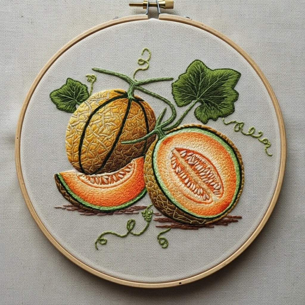 Hand Embroidered Cantaloupe Harvest