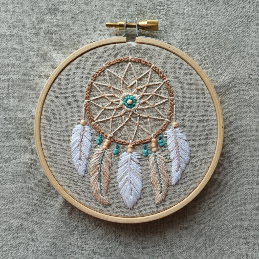Hand Embroidered Dreamcatcher in Wooden Hoop