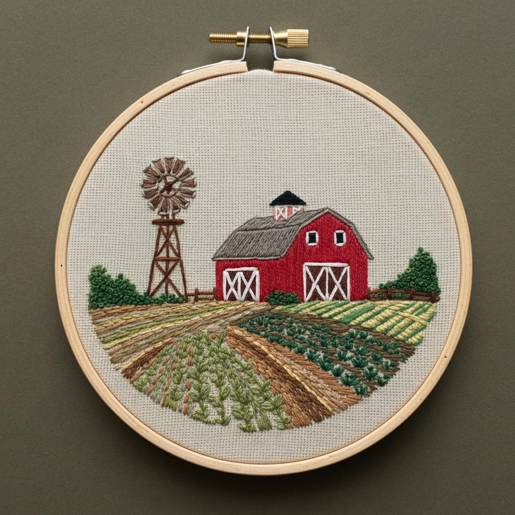 Hand Embroidered Farm Landscape in Hoop