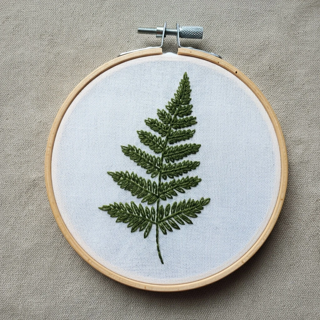 Hand Embroidered Fern in Wooden Hoop