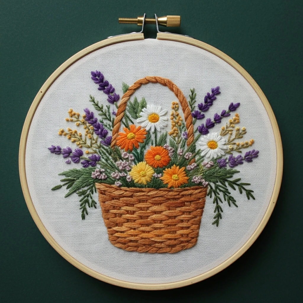 Hand Embroidered Flower Basket Hoop Art