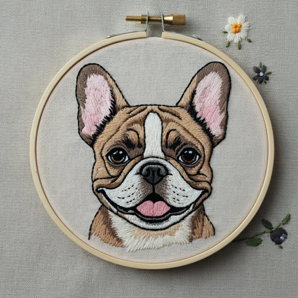 Hand Embroidered French Bulldog Portrait in Hoop