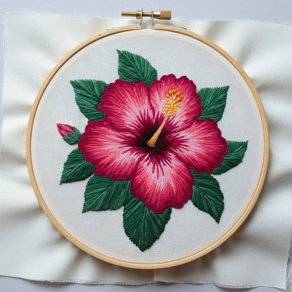 Hand Embroidered Hibiscus Flower Hoop