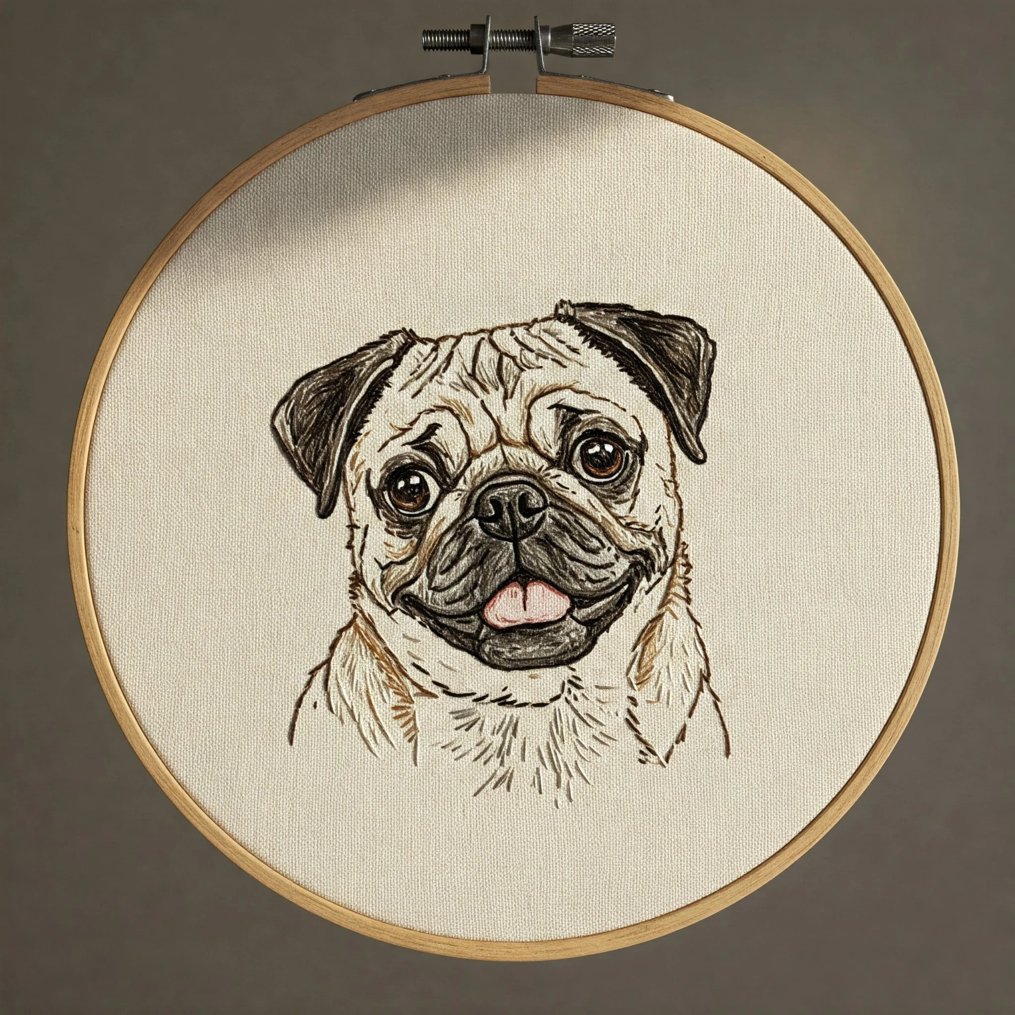Hand Embroidered Pug Portrait in Hoop