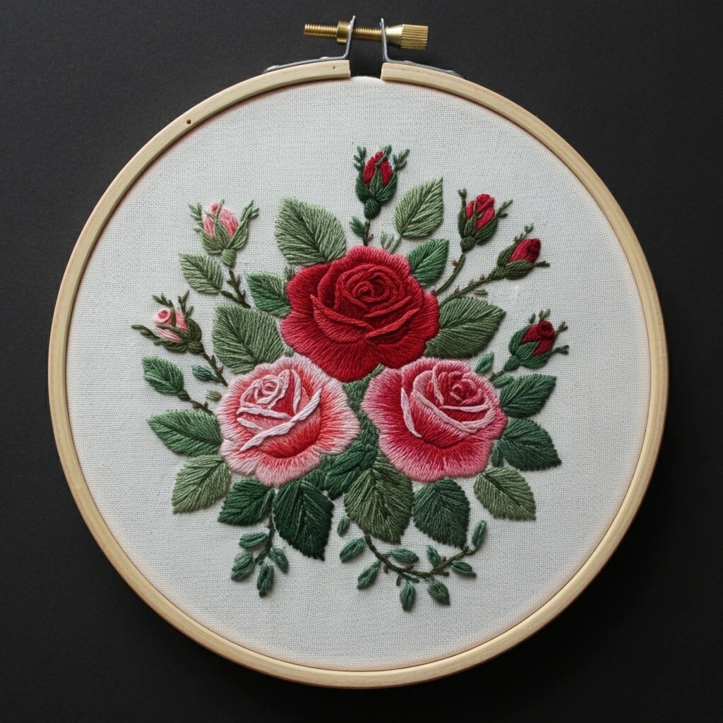 Hand Embroidered Rose Bouquet in Wooden Hoop