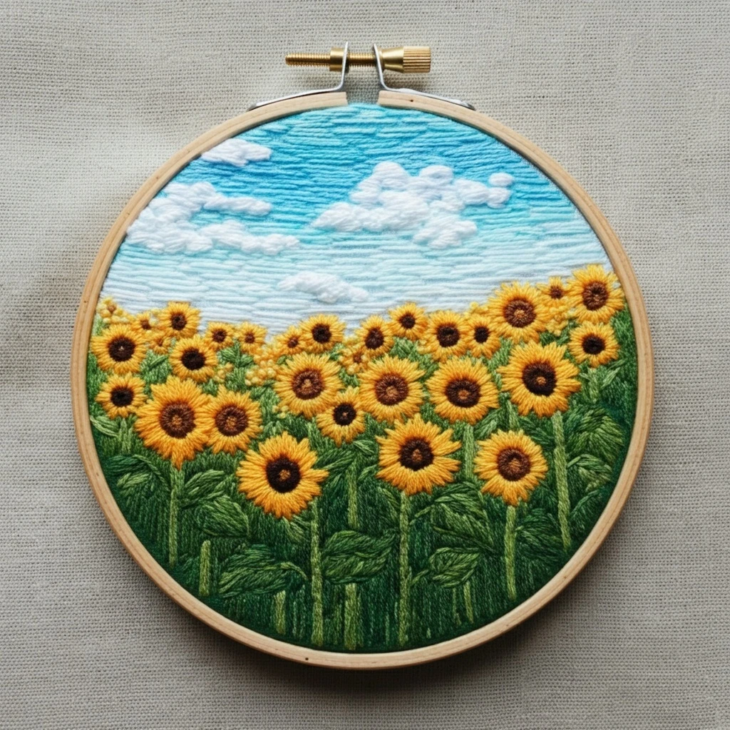 Hand Embroidered Sunflower Field Landscape