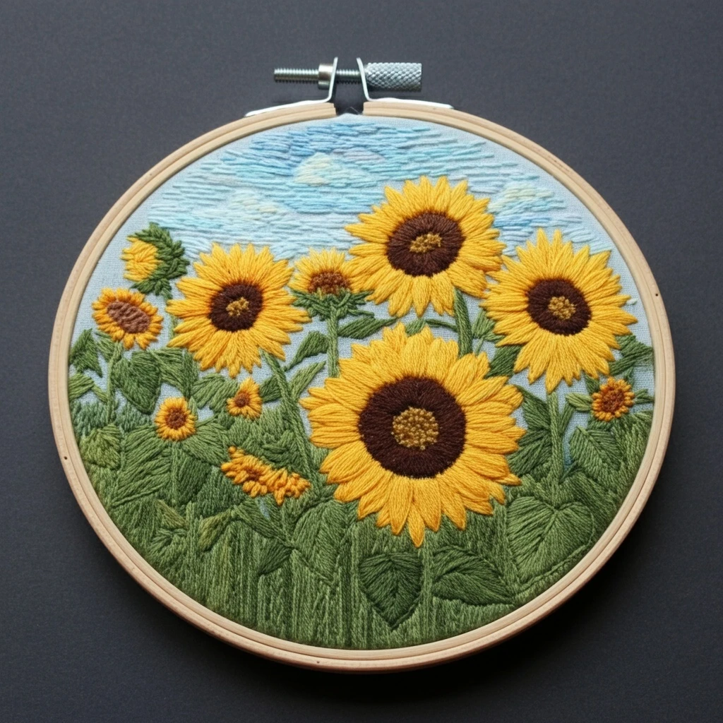 Hand Embroidered Sunflower Field in Hoop