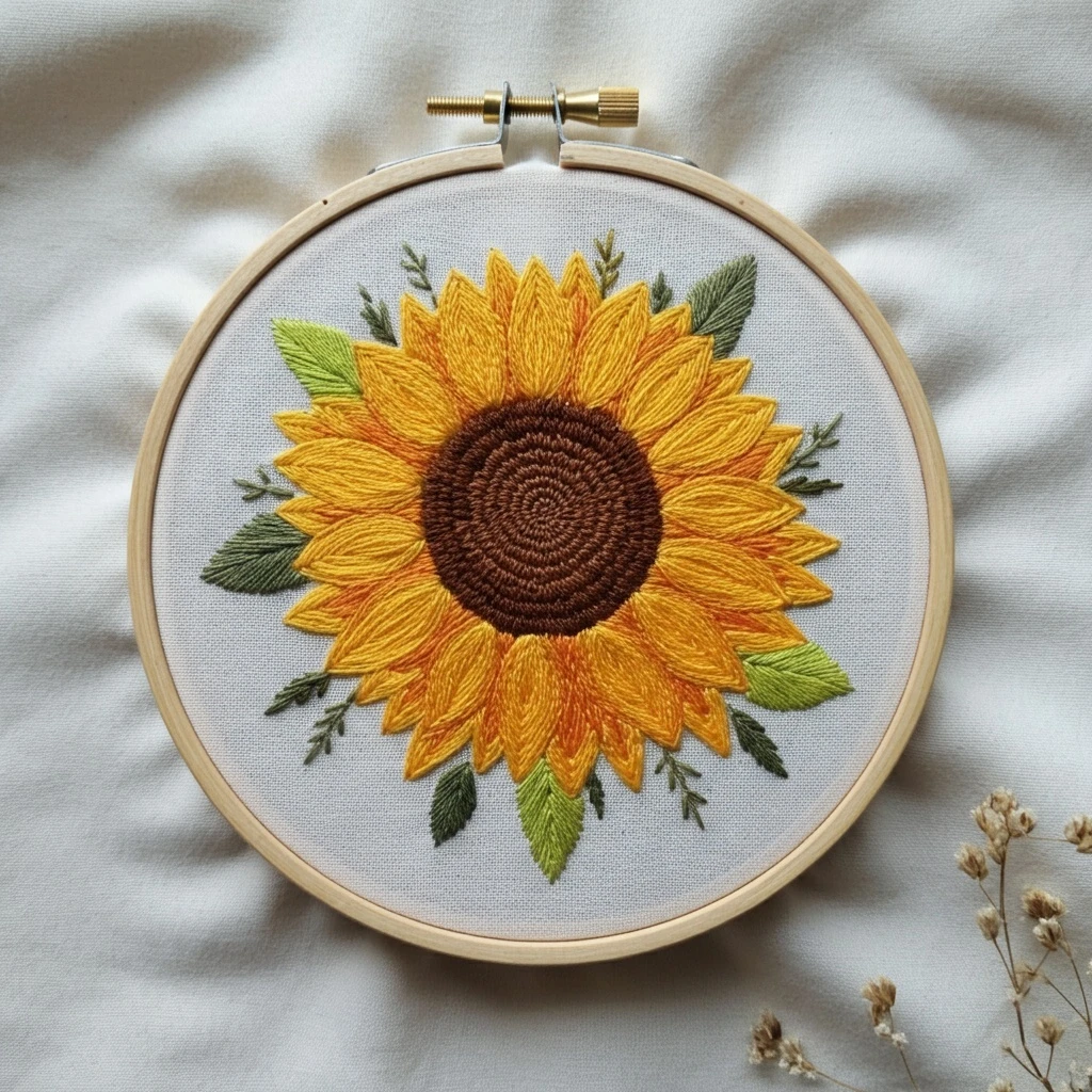 Hand Embroidered Sunflower in Hoop