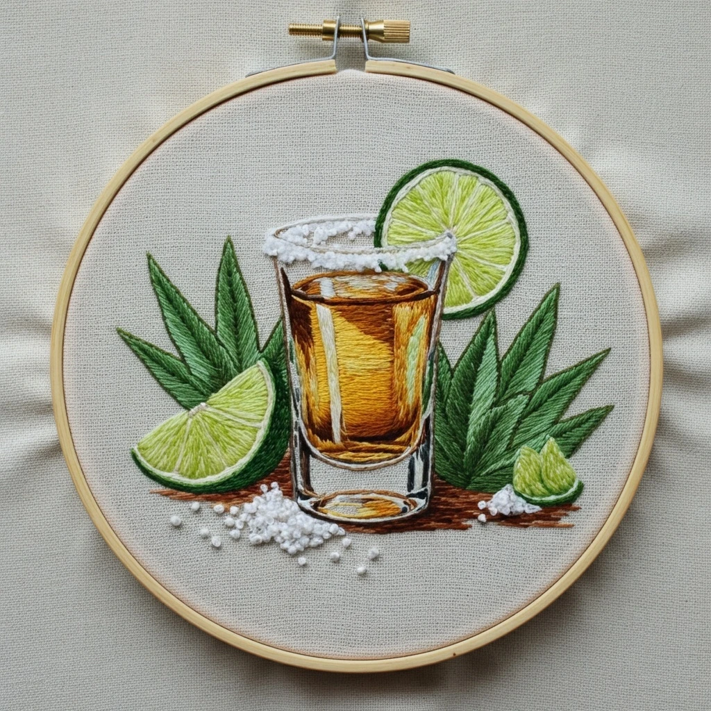 Hand Embroidered Tequila Shot with Lime and Salt Art