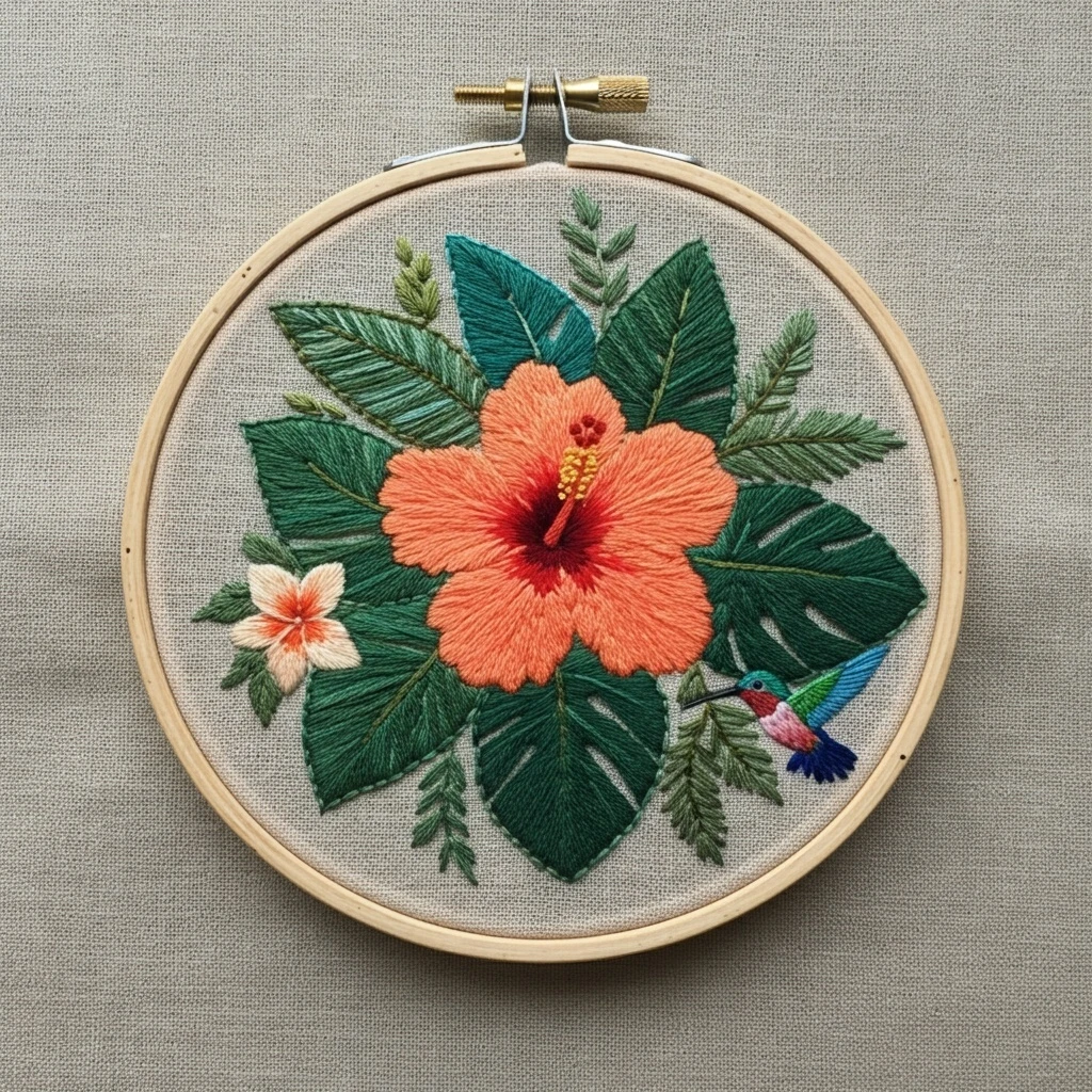 Hand Embroidered Tropical Hibiscus and Hummingbird Hoop Art