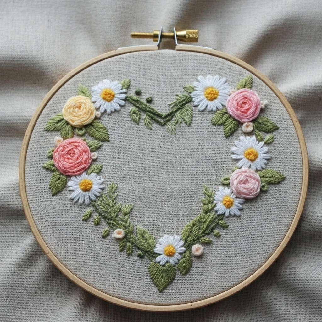 Heart Shaped Floral Embroidery Hoop Art