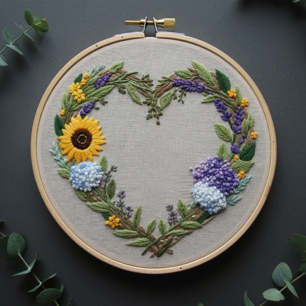 Heart Shaped Floral Wreath Embroidery