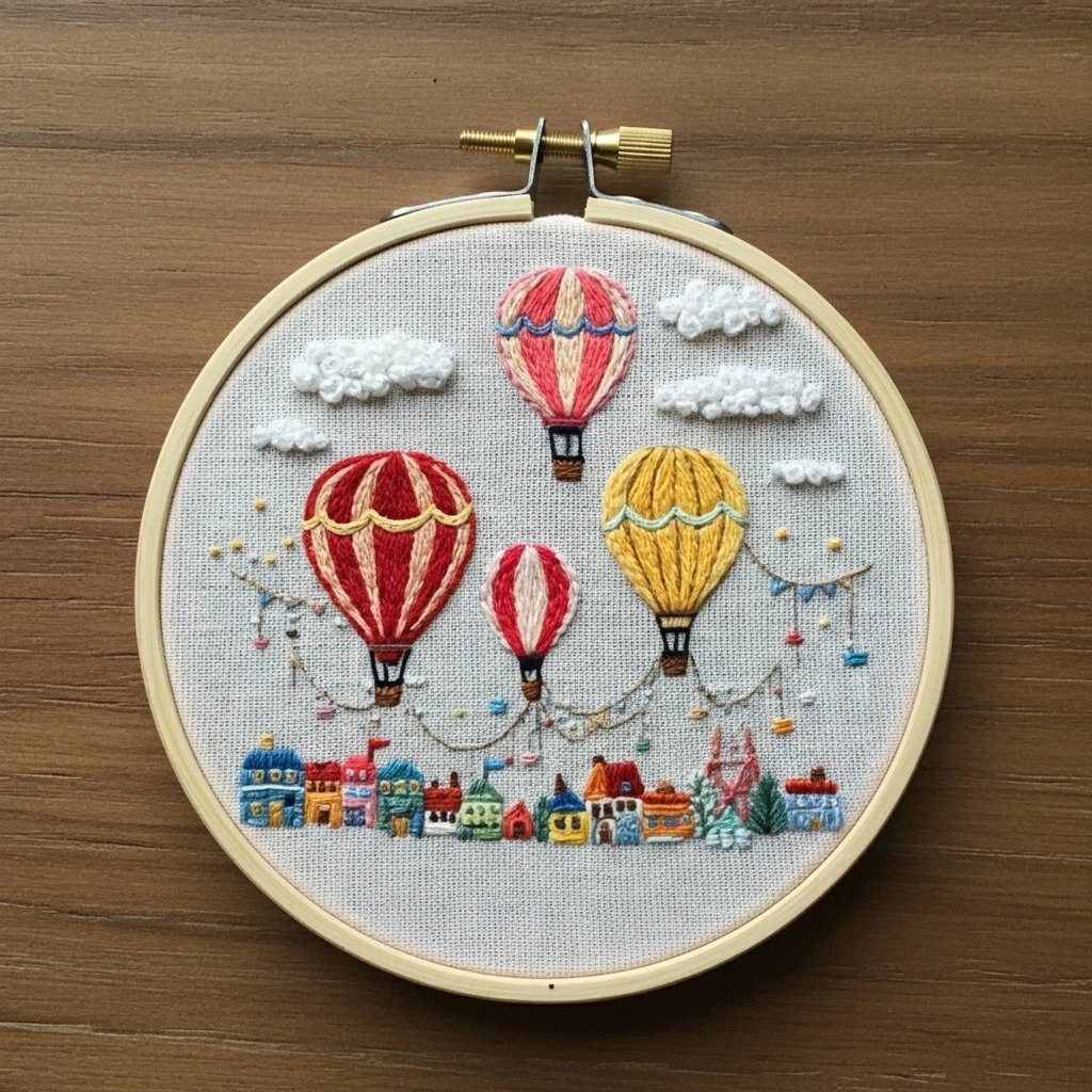 Hot Air Balloon Cityscape Embroidery