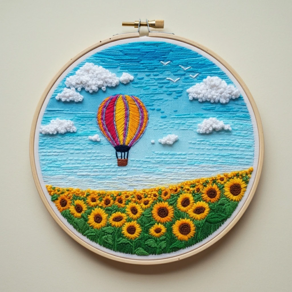 Hot Air Balloon Over a Sunflower Field Embroidery