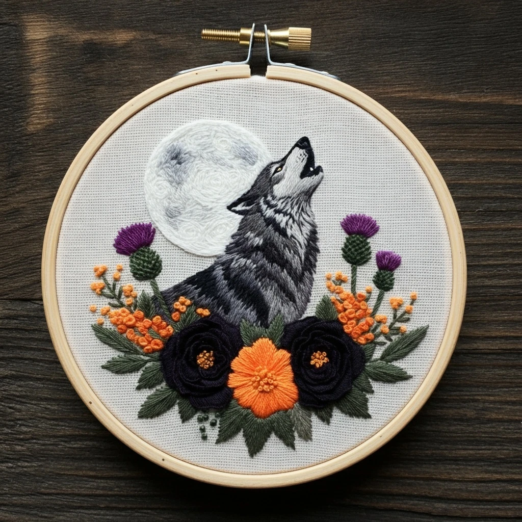 Howling Wolf Under the Moon Floral Embroidery