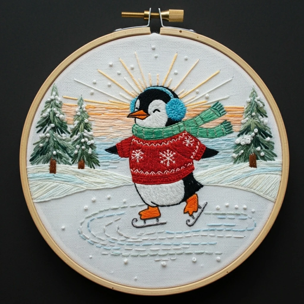 Ice Skating Penguin Embroidery Hoop Art