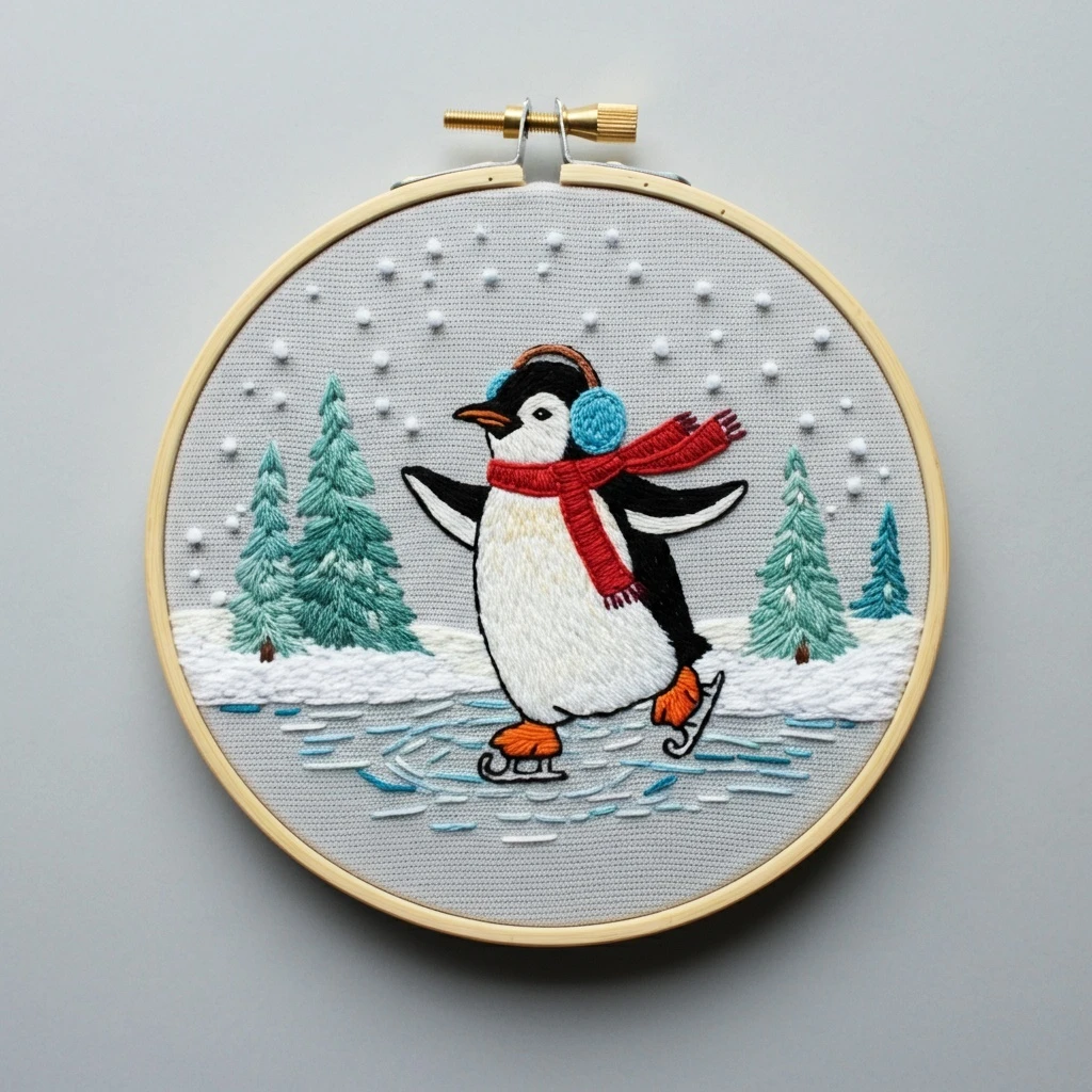 Ice Skating Penguin Embroidery Hoop