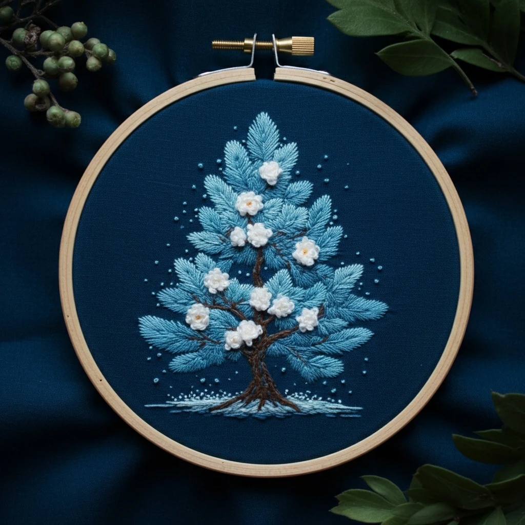 Icy Blue Winter Tree Embroidery