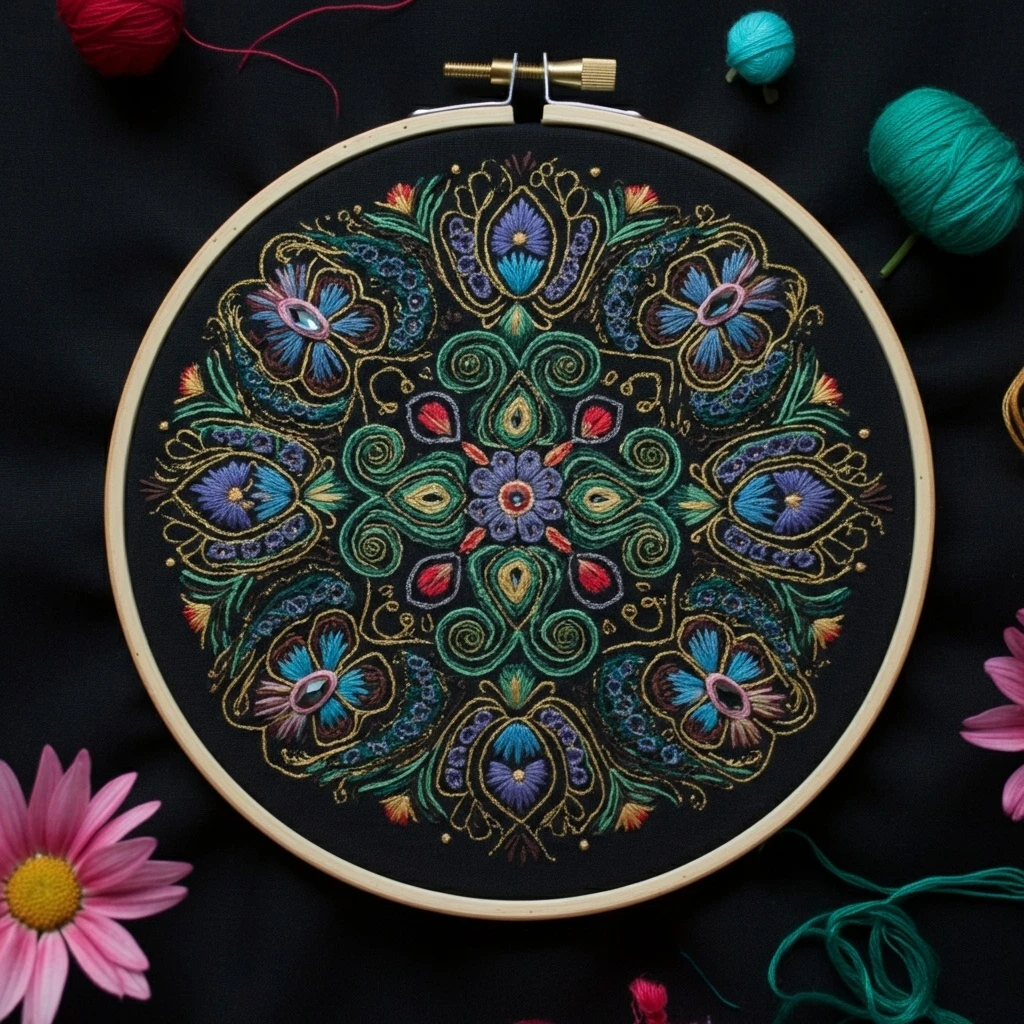 Intricate Hand Embroidered Mandala Hoop Art