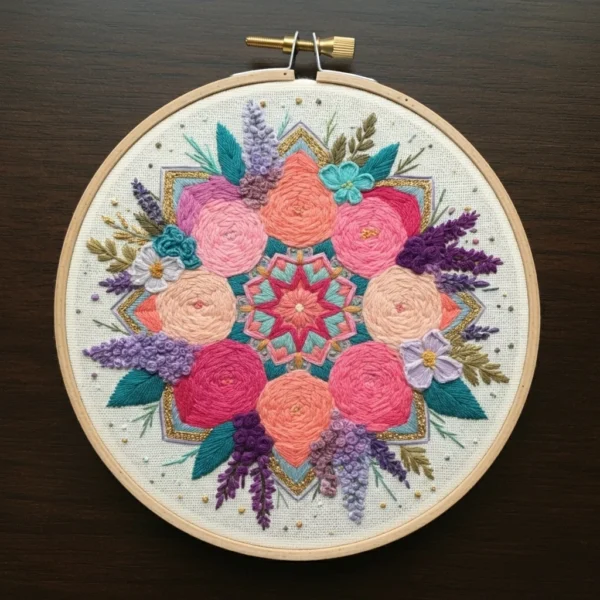 Jewel-Toned Rose and Lavender Bouquet Embroidery | Hand Embroidery Pattern PDF