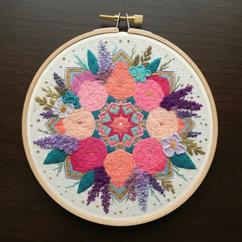 Jewel Toned Rose and Lavender Bouquet Embroidery