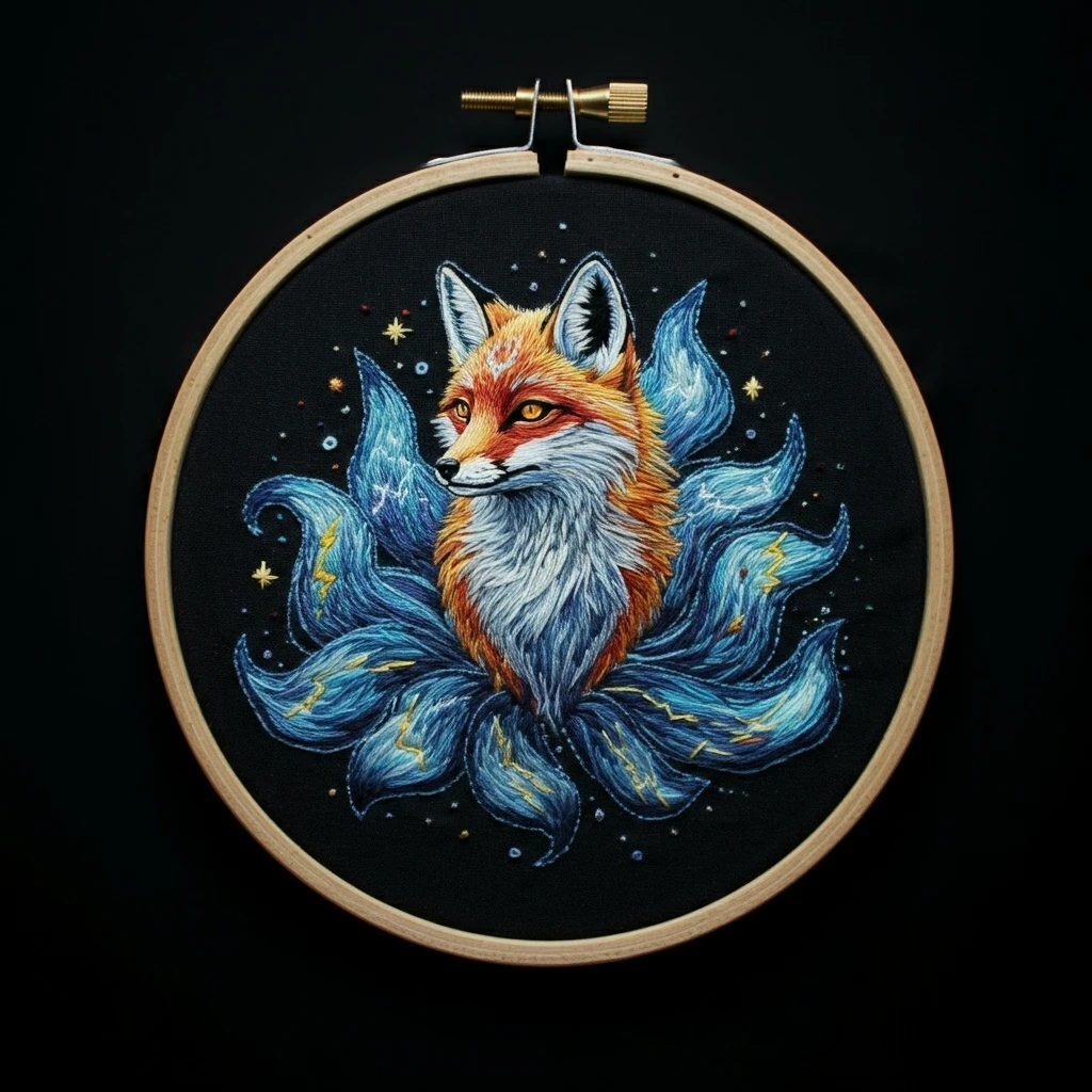Kitsune Fox with Electric Blue Tails Embroidery
