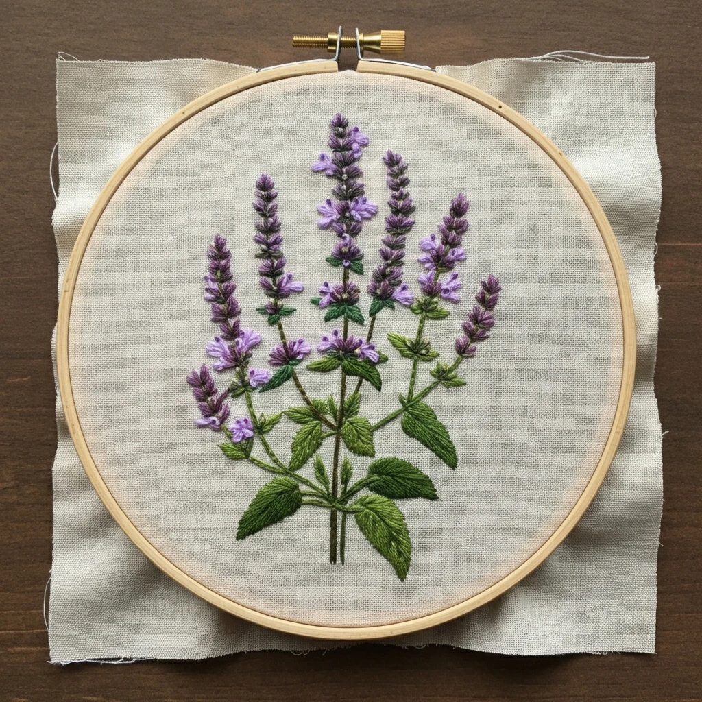 Lavender Hyssop Embroidery in Wooden Hoop
