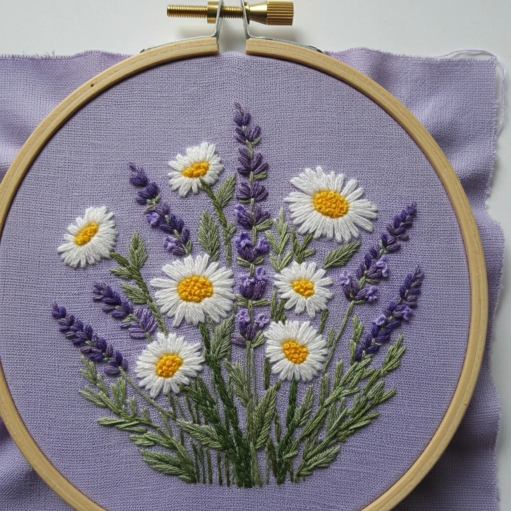 Lavender and Daisy Bouquet Hand Embroidery