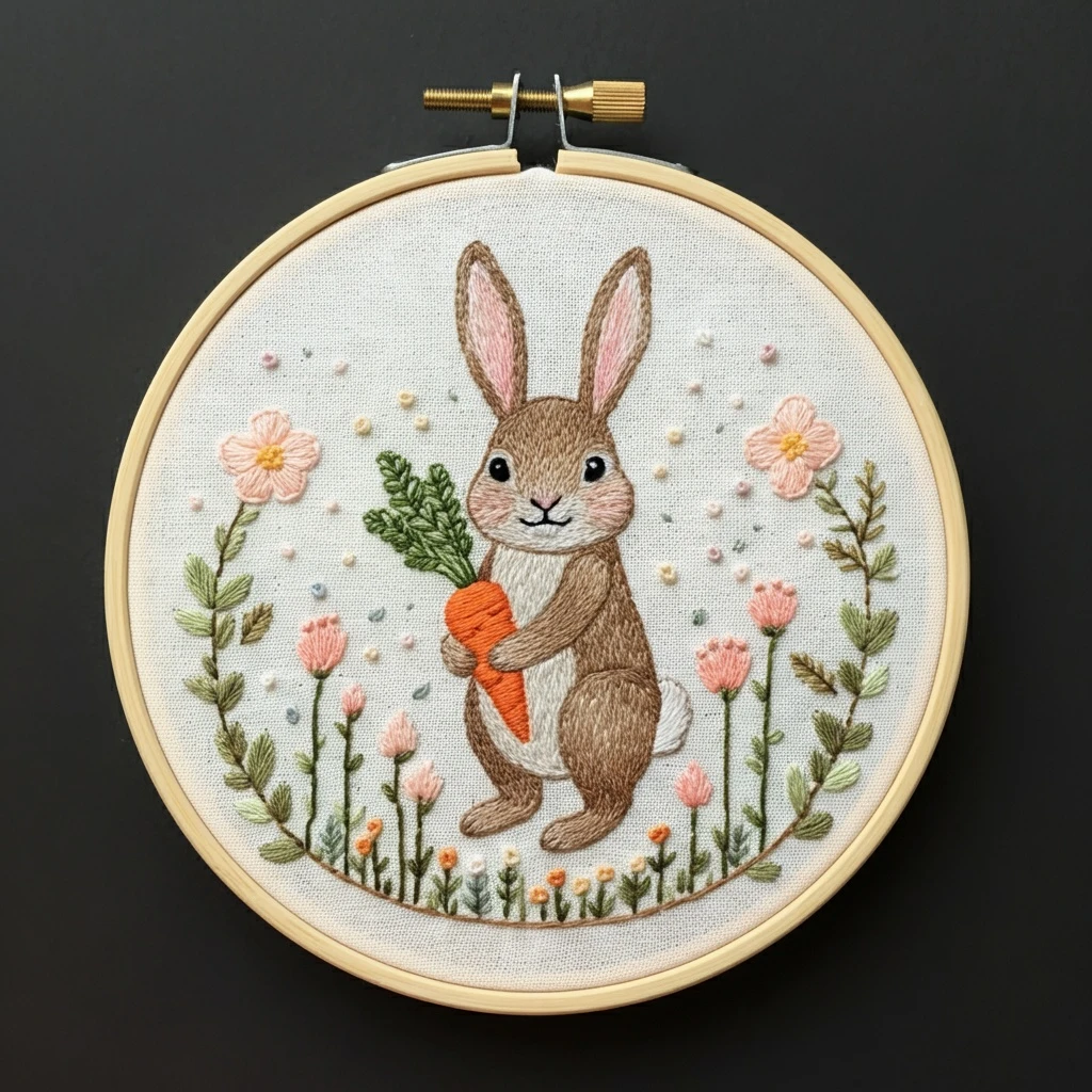 Little Bunny with a Carrot in a Spring Meadow