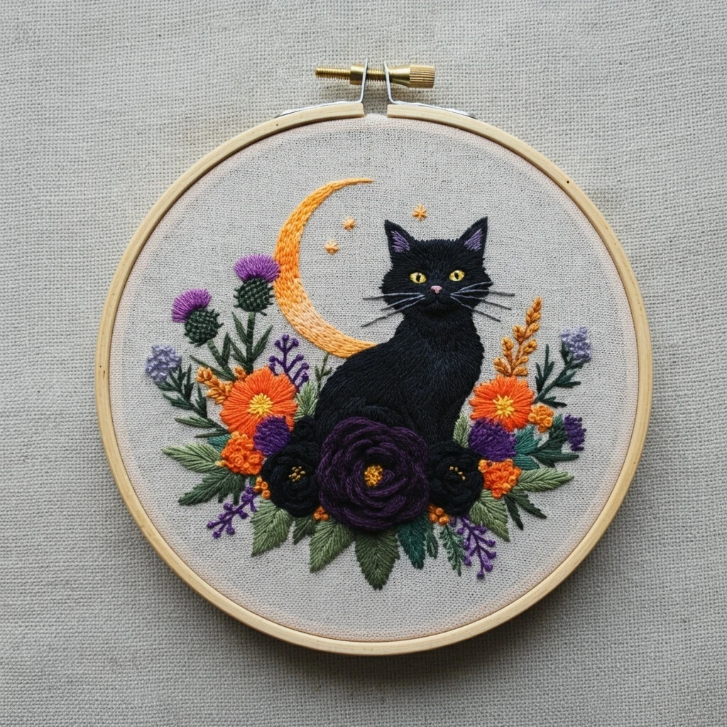 Lunar Garden Black Cat Embroidery