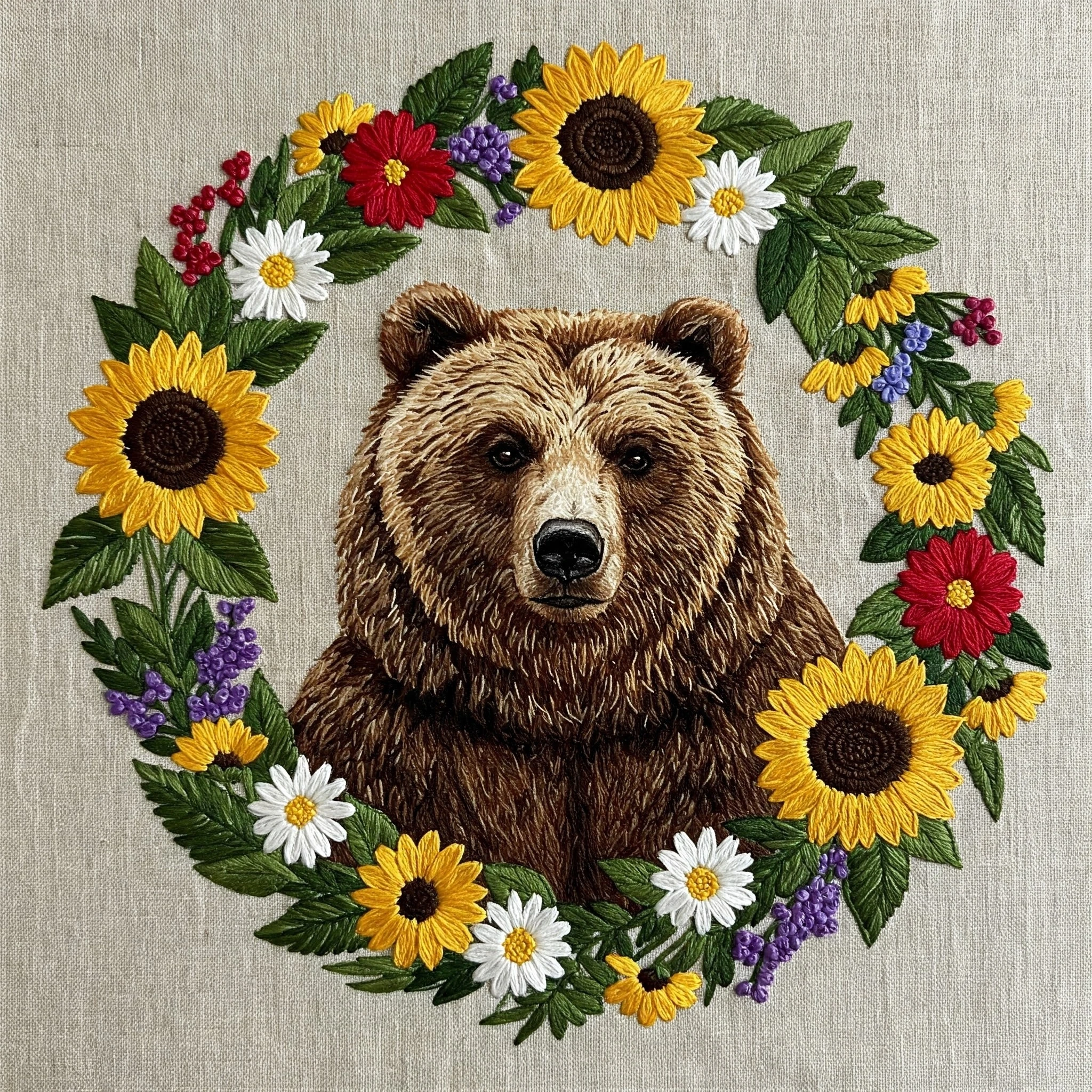 Majestic Bear in Sunflower and Wildflower Wreath
