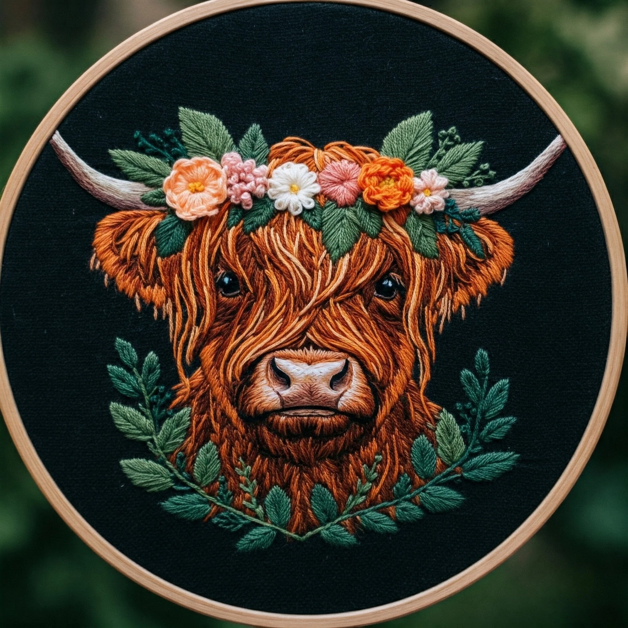 Majestic Highland Cow with Flower Crown Embroidery