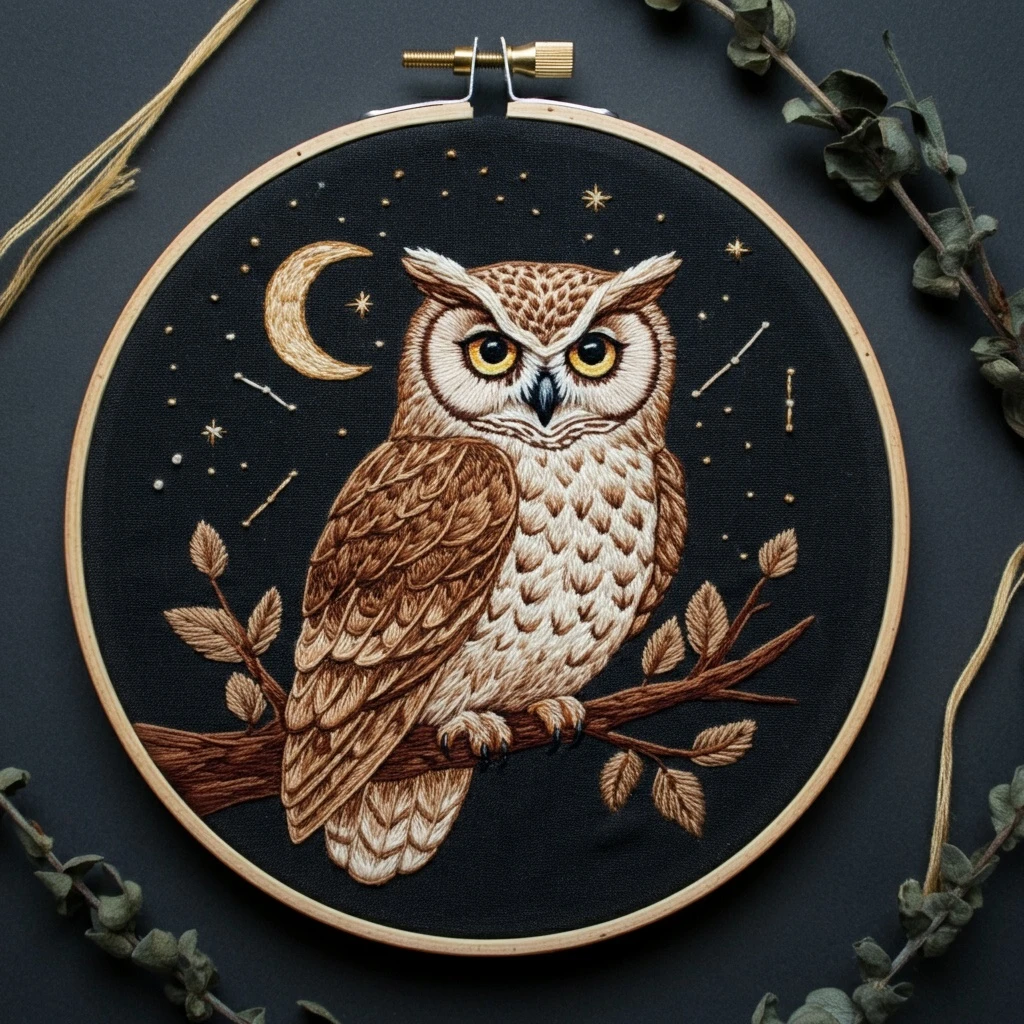 Majestic Owl and Celestial Night Embroidery