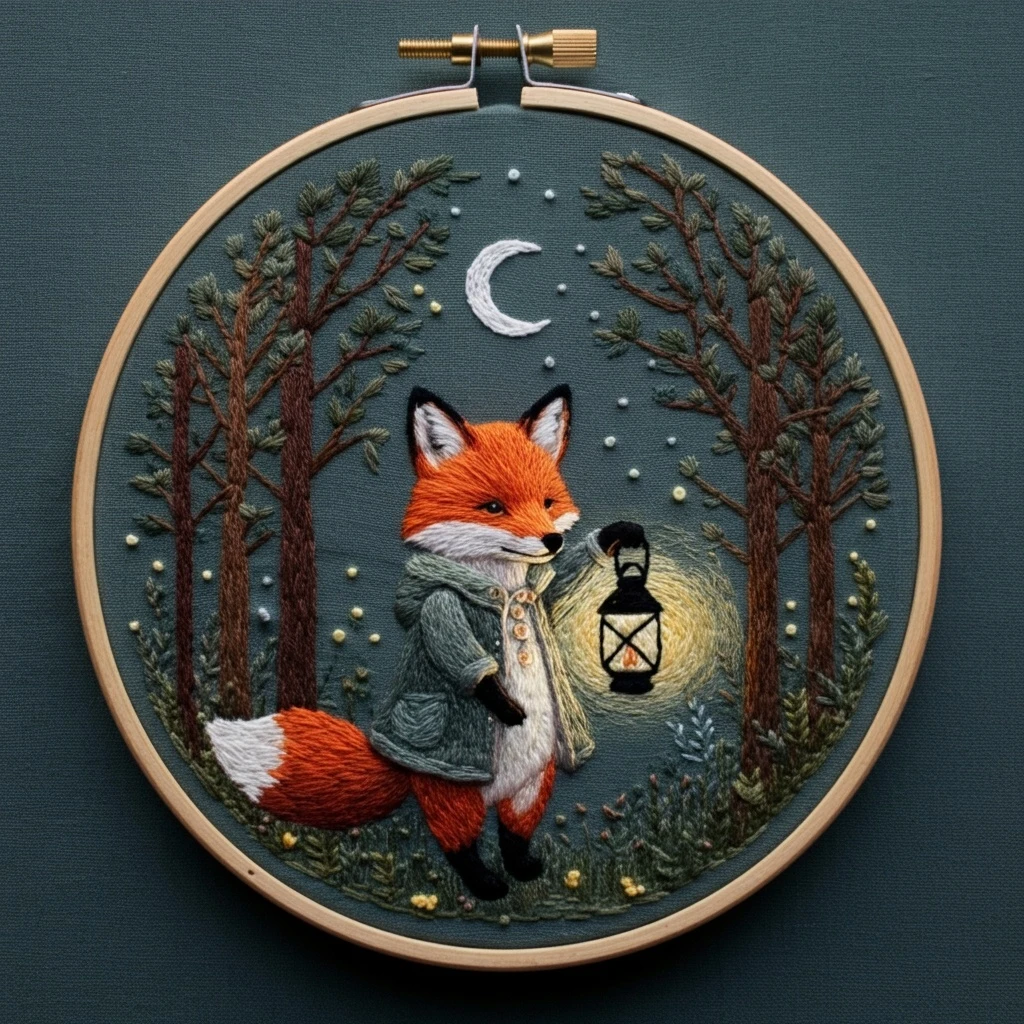 Midnight Fox with Lantern Embroidery