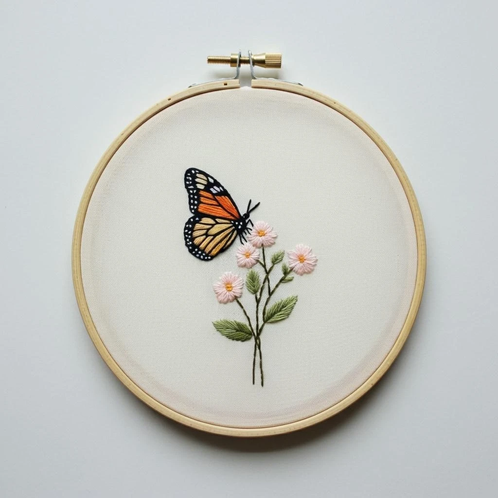 Monarch Butterfly and Pink Flowers Hand Embroidery Hoop