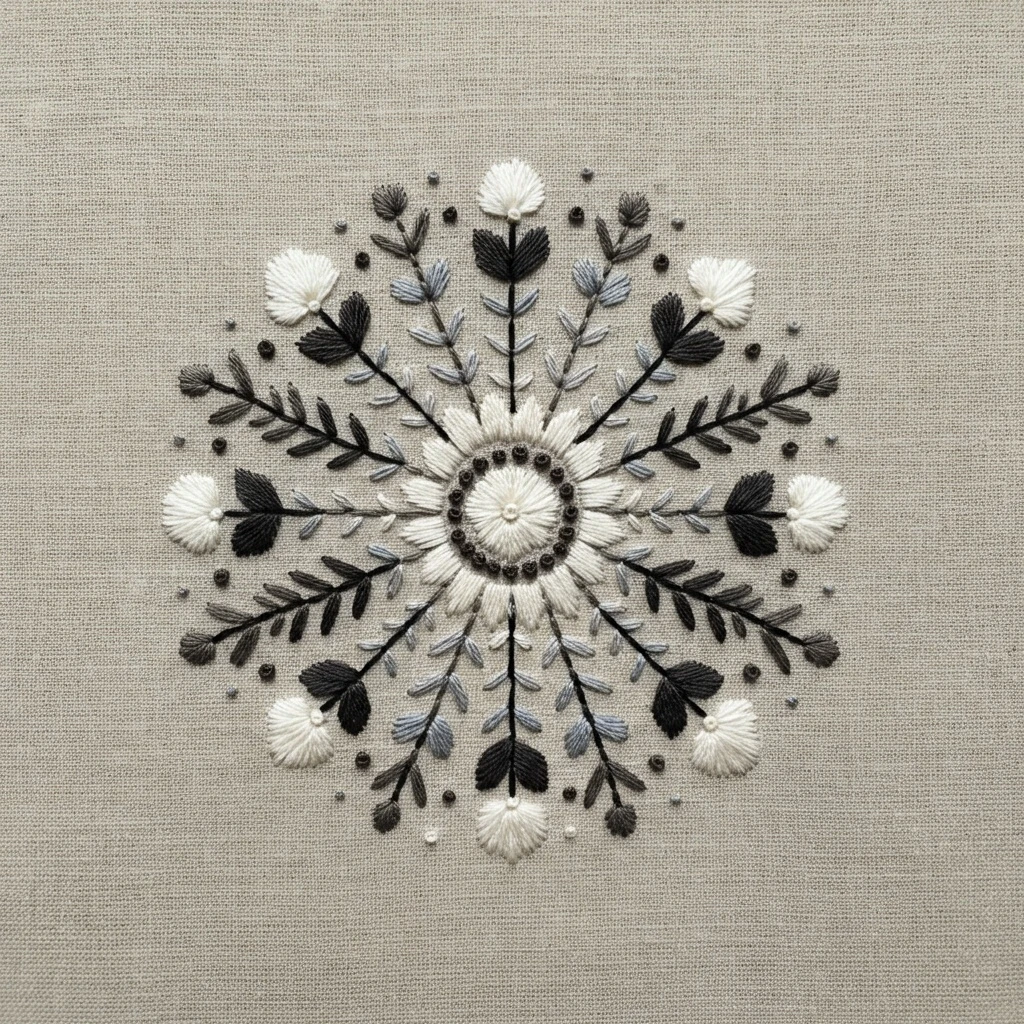 Monochromatic Floral Mandala Hand Embroidery