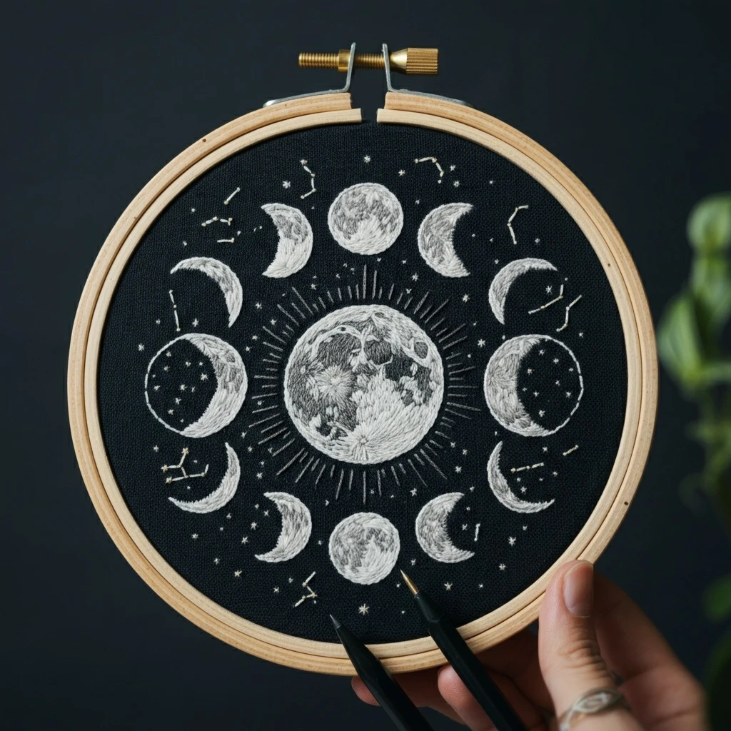 Moon Phase and Constellation Embroidery Hoop Art