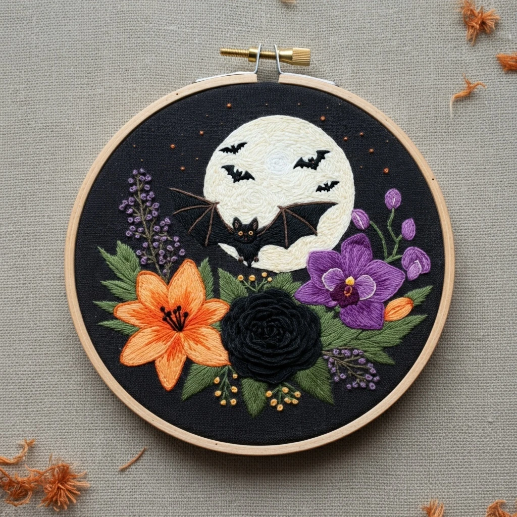 Moonlit Floral Bat Embroidery Hoop