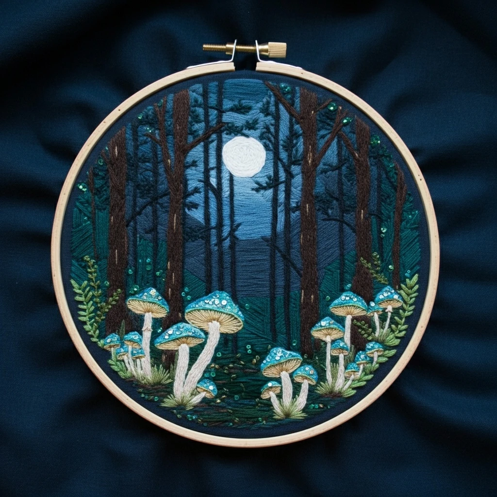 Moonlit Forest with Glowing Mushrooms Embroidery