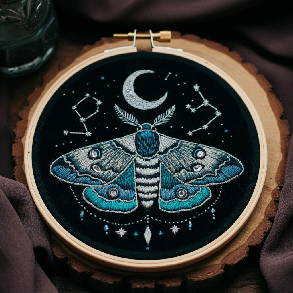 Moonlit Moth Constellation Embroidery Art