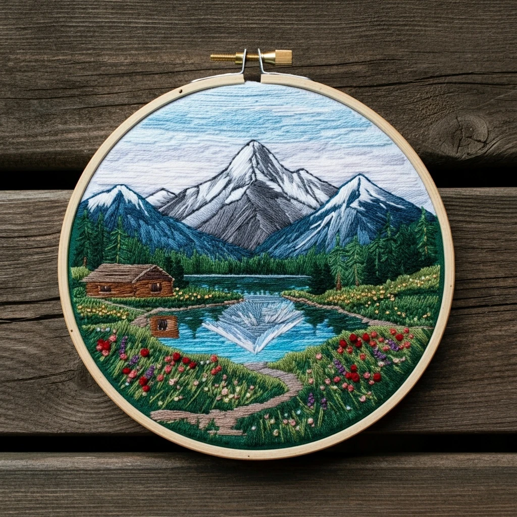 Mountain Cabin Landscape Embroidery Art