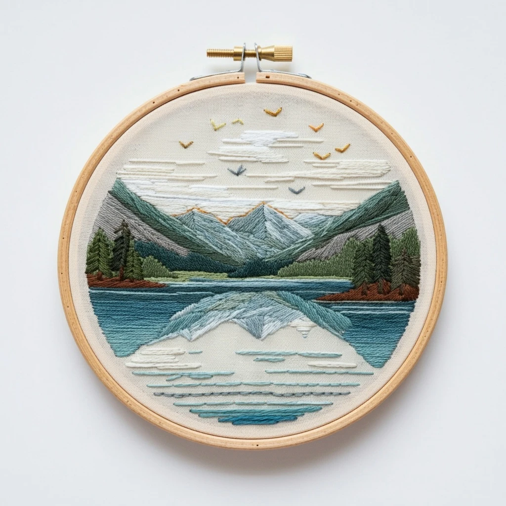Mountain Lake Reflection Embroidery