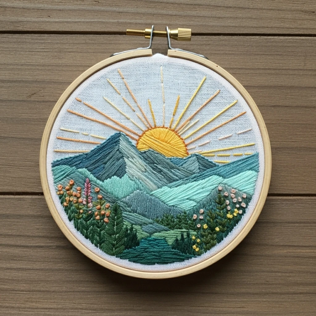 Mountain Sunrise Hand Embroidery Art